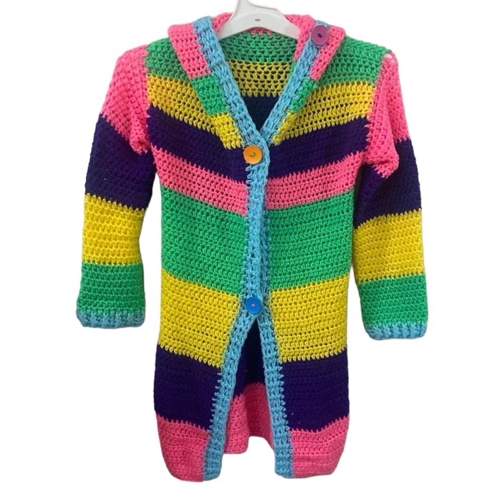 Handmade neon colorblock lagenlook buttoned longline cardigan size girl L